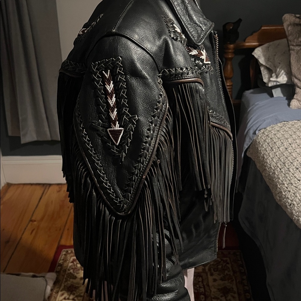 Vintage Unik Black Leather Jacket with Fringe, Beads & Braiding - Picture 13 of 16